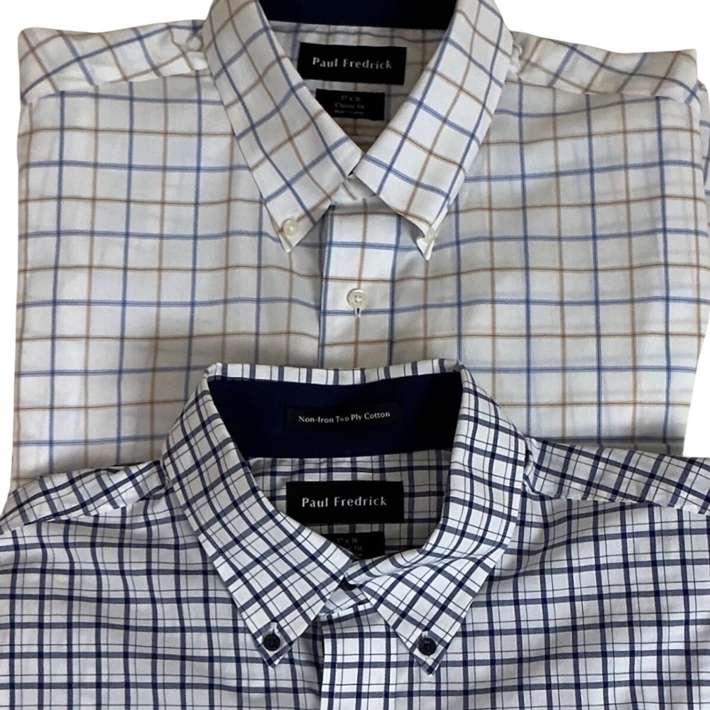 2 Paul Fredrick Dress Shirt Men 17x36 Blue White Plaid Non-Iron Classic Fit